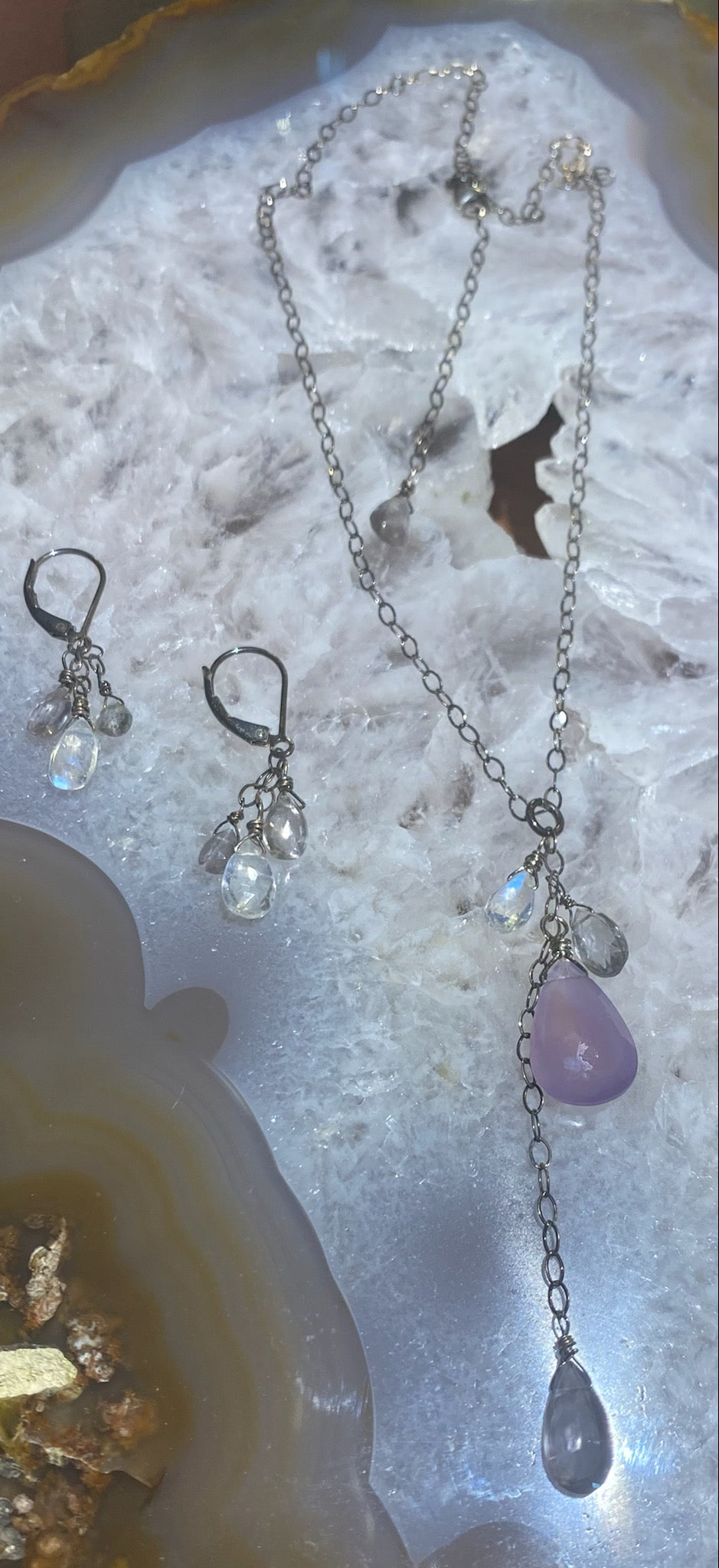 Sterling Silver Necklace w/ Chalcedony, Moonstone, and Selenite