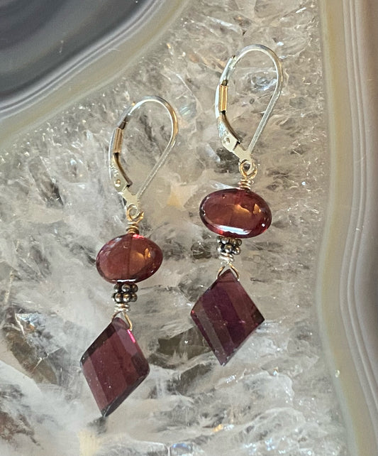 STERLING SILVER ANGULAR GARNET AND SMOOTH GARNET EARRINGS