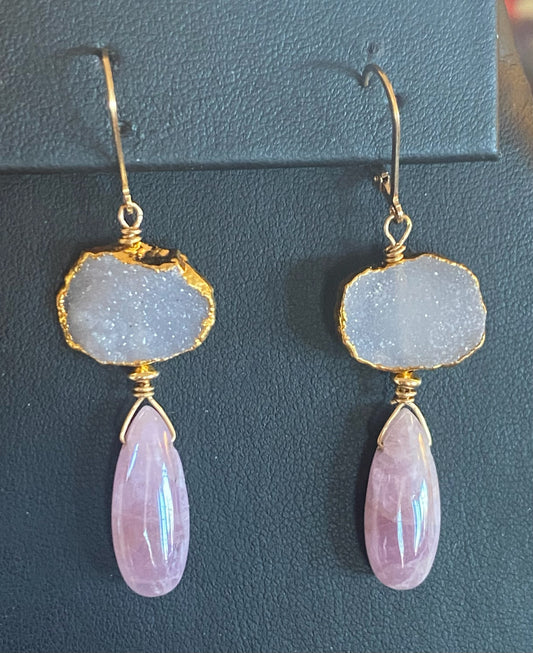 PINK KUNZITE AND DRUZY QUARTZ EARRINGS