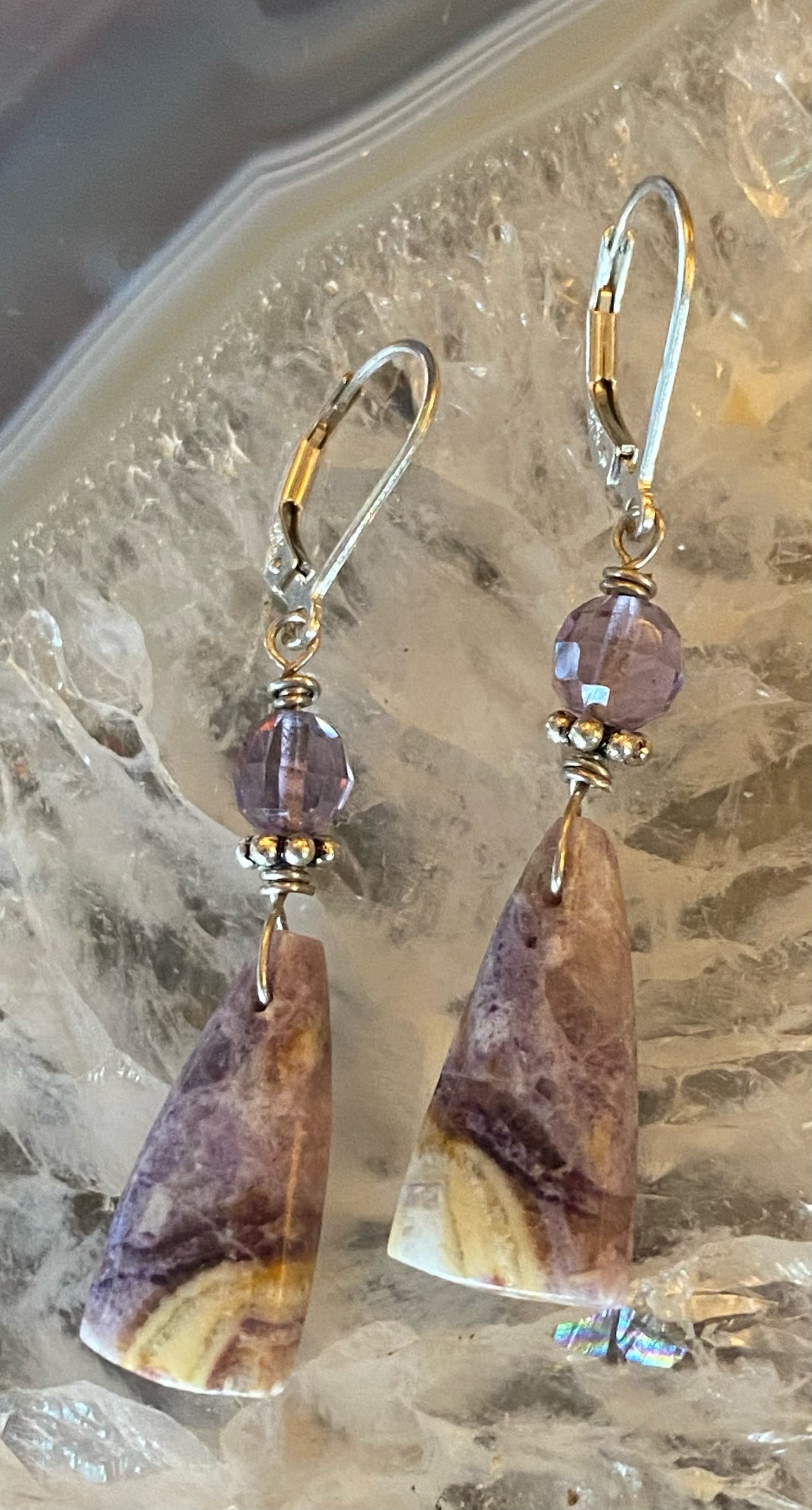 PERFECT MATCH PETROFIED FLUORITE AND AMETHYST EARRINGS