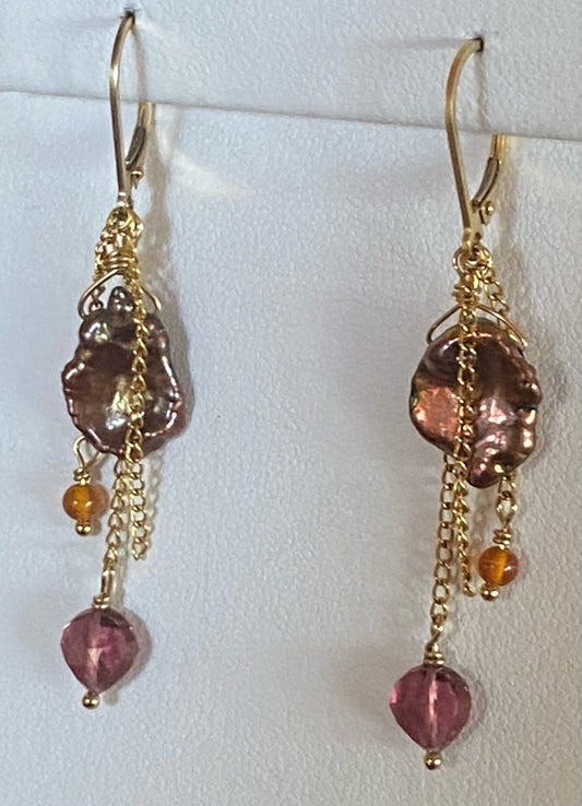 BRONZE COIN PEARL TOURMALINE AMBER EARRINGS